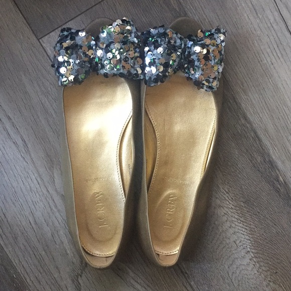 J. Crew Shoes - J crew nude sequin bow peep toe flats size 7